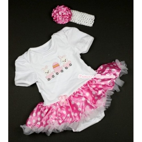 White Baby Jumpsuit Hot Pink White Dots Pettiskirt With Bunny Rabbit Egg Print With White Headband Hot Pink White Dots Rose JS432 