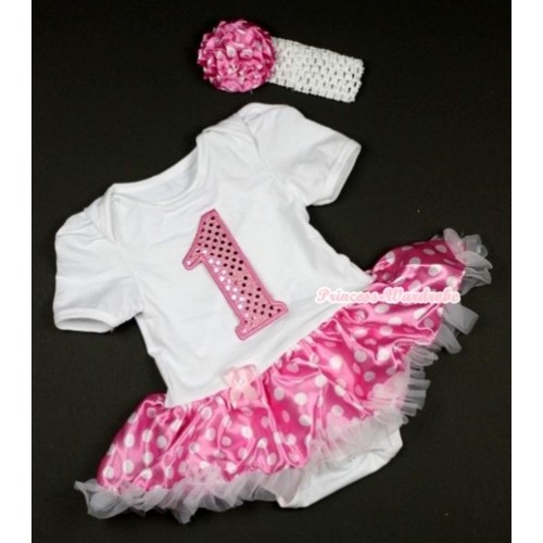 White Baby Jumpsuit Hot Pink White Dots Pettiskirt With 1st Sparkle Light Pink Birthday Number Print With White Headband Hot Pink White Dots Rose JS433 