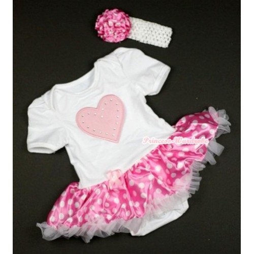 White Baby Jumpsuit Hot Pink White Dots Pettiskirt With Light Pink Heart Print With White Headband Hot Pink White Dots Rose JS435 