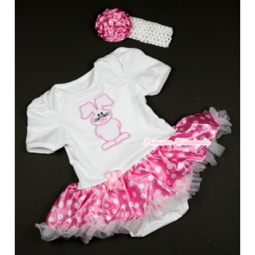 White Baby Jumpsuit Hot Pink White Dots Pettiskirt With Bunny Rabbit Print With White Headband Hot Pink White Dots Rose JS436 