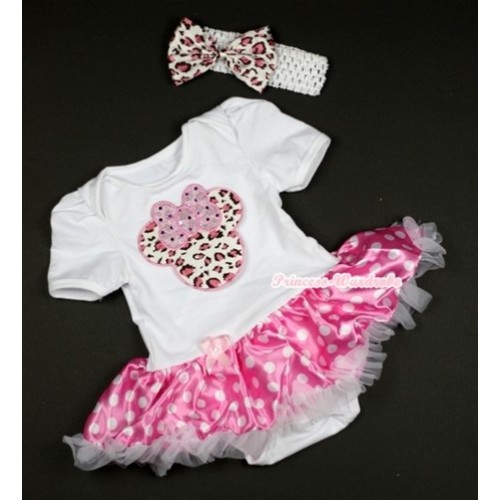 White Baby Jumpsuit Hot Pink White Dots Pettiskirt With Light Pink Leopard Minnie Print With White Headband Light Pink Leopard Satin Bow JS438 