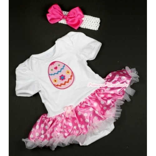 White Baby Jumpsuit Hot Pink White Dots Pettiskirt With Easter Egg Print With White Headband Hot Pink Silk Bow JS441 