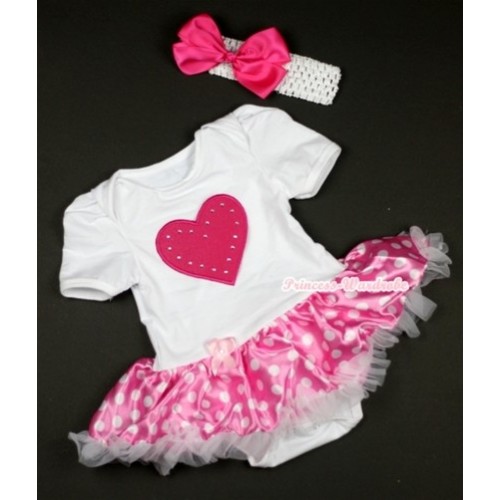 White Baby Jumpsuit Hot Pink White Dots Pettiskirt With Hot Pink Heart Print With White Headband Hot Pink Silk Bow JS442 