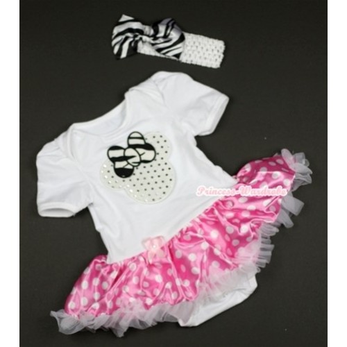 White Baby Jumpsuit Hot Pink White Dots Pettiskirt With Sparkle White Minnie Print With White Headband Zebra Satin Bow JS443 