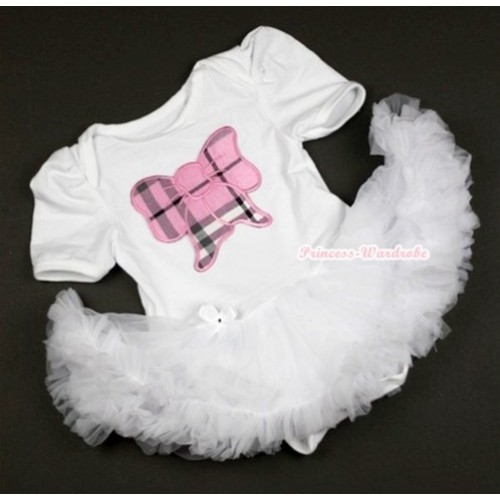 White Baby Jumpsuit White Pettiskirt with Light Pink Checked Butterfly Print JS344 