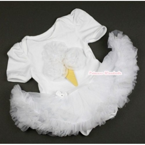 White Baby Jumpsuit White Pettiskirt with White Rosettes Ice Cream Print JS359 