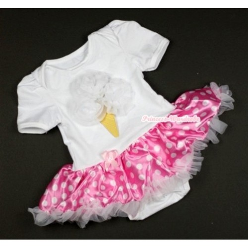 White Baby Jumpsuit Hot Pink White Dots Pettiskirt with White Rosettes Ice Cream Print JS377 