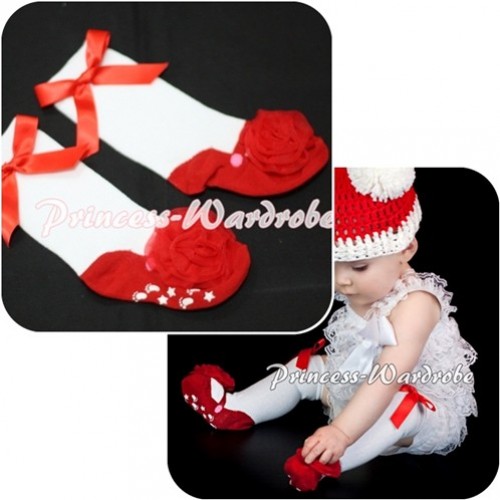 Lovely Red Shoes Socks with Ribbon and Rose SK50 