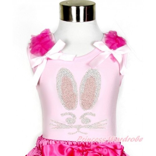 Easter Light Pink Tank Top With Hot Pink Ruffles & Light Pink Bow With Sparkle Crystal Bling Rhinestone Bunny Rabbit Print TP69 