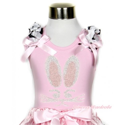 Easter Light Pink Tank Top With Milk Cow Ruffles & Light Pink Bow With Sparkle Crystal Bling Rhinestone Bunny Rabbit Print TP71 
