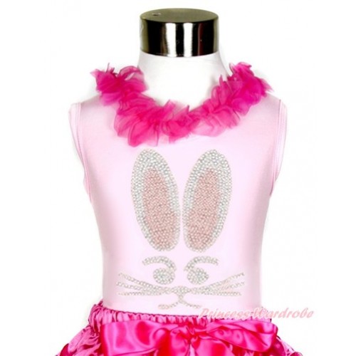 Easter Light Pink Tank Tops with Hot Pink Chiffon Lacing with Sparkle Crystal Bling Rhinestone Bunny Rabbit Print TP72 