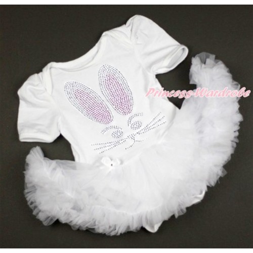 Easter White Baby Bodysuit Jumpsuit White Pettiskirt with Sparkle Crystal Bling Rhinestone Bunny Rabbit Print JS3196 