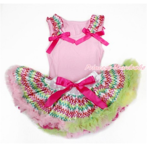 Light Pink Baby Pettitop & Rainbow Wave Ruffles & Hot Pink Bows with Rainbow Wave Newborn Pettiskirt BG130 