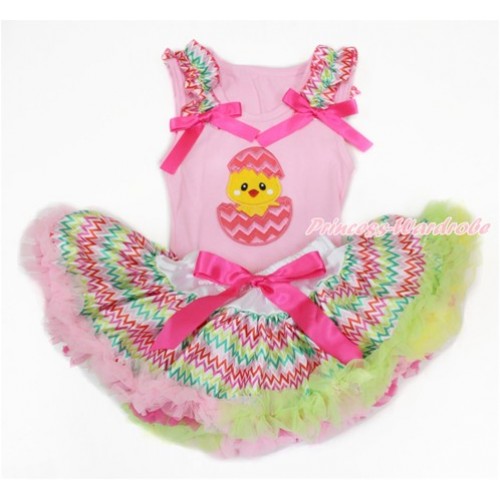 Easter Light Pink Baby Pettitop with Rainbow Wave Ruffles & Hot Pink Bow with Chick Egg Print with Rainbow Wave Newborn Pettiskirt BG131 