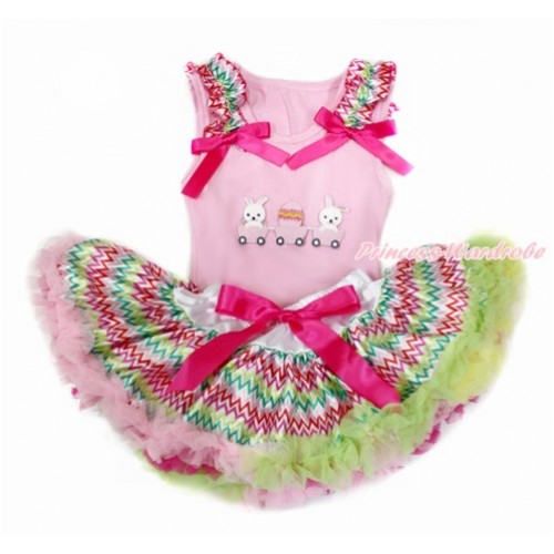 Easter Light Pink Baby Pettitop with Rainbow Wave Ruffles & Hot Pink Bow with Bunny Rabbit Egg Print with Rainbow Wave Newborn Pettiskirt BG135 