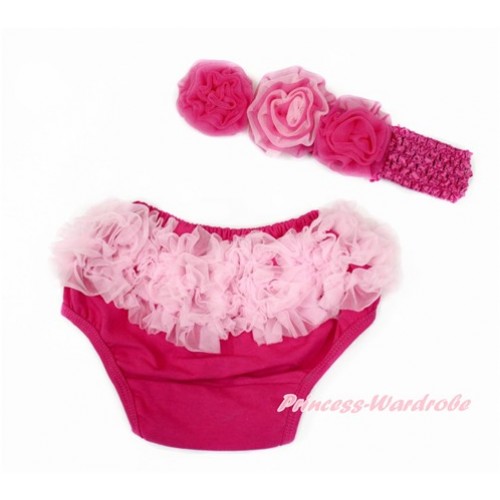 Light Pink Ruffles Hot Pink Panties Bloomers & Hot Pink Headband Hot Light Pink Mixed Rose BA19 