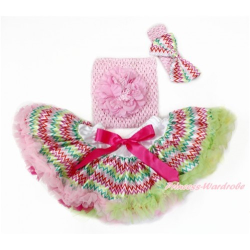 Rainbow Wave Baby Pettiskirt,Light Pink Peony Light Pink Crochet Tube Top,Light Pink Headband Rainbow Wave Satin Bow 3PC Set CT674 