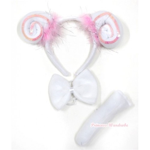 Light Pink White Sheep 3 Piece Set in Ear Headband, Tie, Tail PC023 