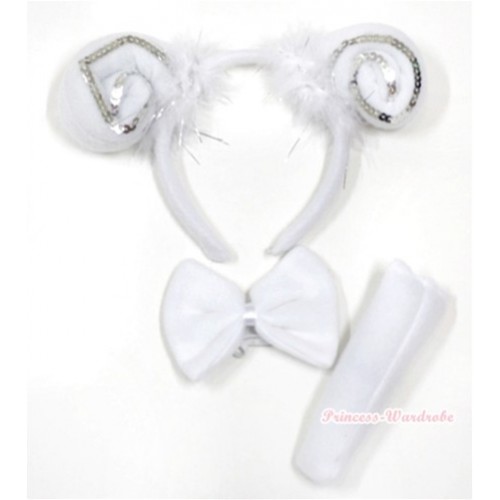 White Sheep 3 Piece Set in Ear Headband, Tie, Tail PC024 