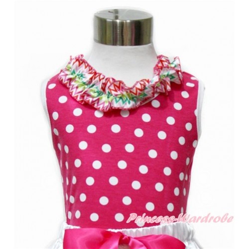 Hot Pink White Dots Tank Tops with Rainbow Wave Satin Lacing TP191 