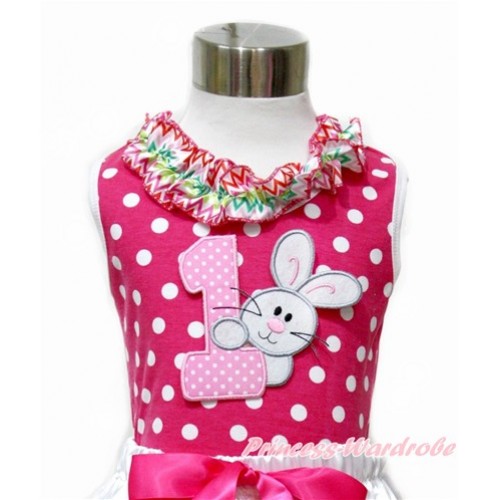 Easter Hot Pink White Dots Tank Tops with Rainbow Wave Lacing with 1st Light Pink White Dots Birthday Number & Bunny Rabbit Print TP192 