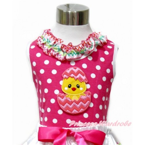 Easter Hot Pink White Dots Tank Tops with Rainbow Wave Lacing with Chick Egg Print TP199 