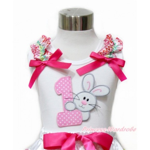 Easter White Tank Top With Rainbow Wave Ruffles & Hot Pink Bow With 1st Light Pink White Dots Birthday Number & Bunny Rabbit Print TB699 