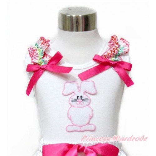 Easter White Tank Top With Rainbow Wave Ruffles & Hot Pink Bow With Bunny Rabbit Print TB702 