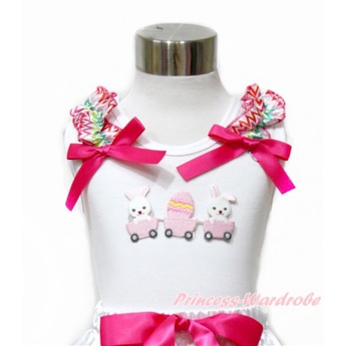 Easter White Tank Top With Rainbow Wave Ruffles & Hot Pink Bow With Bunny Rabbit Egg Print TB705 