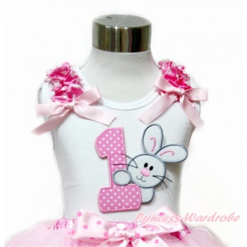 Easter White Tank Top With Hot Pink White Dots Ruffles & Light Pink Bow With 1st Light Pink White Dots Birthday Number & Bunny Rabbit Print TB706 