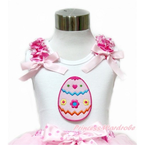 Easter White Tank Top With Hot Pink White Dots Ruffles & Light Pink Bow With Easter Egg Print TB709 