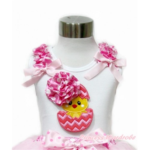 Easter White Tank Top With Hot Pink White Dots Ruffles & Light Pink Bow With 3D Hot Pink White Dots Rose Chick Egg Print TB710 