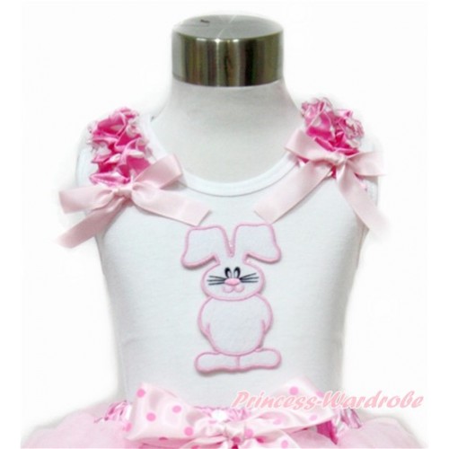 Easter White Tank Top With Hot Pink White Dots Ruffles & Light Pink Bow With Bunny Rabbit Print TB711 