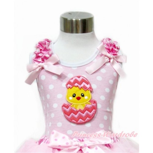 Easter Light Pink White Dots Tank Top With Hot Pink White Dots Ruffles & Light Pink Bow With Chick Egg Print TP204 