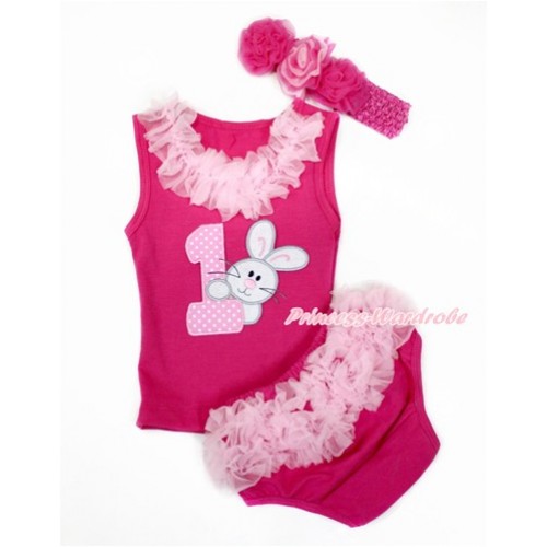 Easter Hot Pink Baby Pettitop & Light Pink Chiffon Lacing & 1st Light Pink White Dots Birthday Number & Bunny Rabbit Print with Light Pink Ruffles Hot Pink Panties Bloomers with Hot Pink Headband Hot Light Pink Mixed Rose LD272 