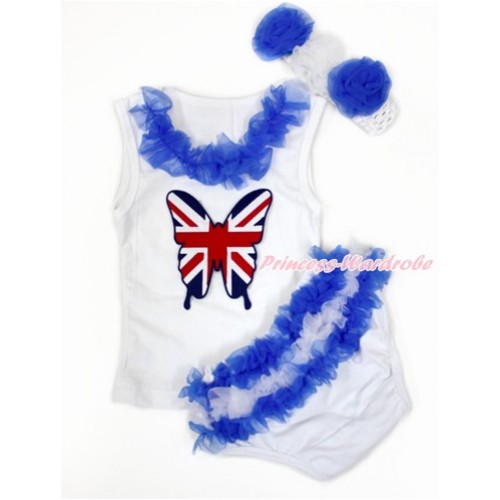 World Cup White Baby Pettitop & Royal Blue Chiffon Lacing & Patriotic British Butterfly Print with Greece Royal Blue White Ruffles White Panties Bloomers with White Headband Royal Blue White Rose LD280 