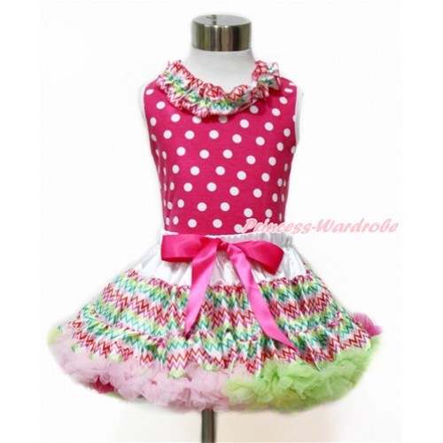 Hot Pink White Dots Tank Top with Rainbow Wave Satin Lacing with Rainbow Wave Pettiskirt MH166 