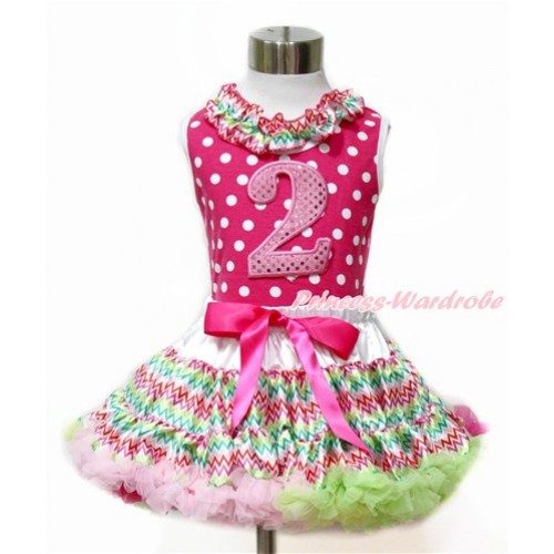 Hot Pink White Dots Tank Top With Rainbow Wave Satin Lacing With 2nd Sparkle Light Pink Birthday Number Print with Rainbow Wave Pettiskirt MH169 