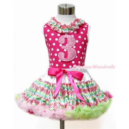 Hot Pink White Dots Tank Top With Rainbow Wave Satin Lacing With 3rd Sparkle Light Pink Birthday Number Print with Rainbow Wave Pettiskirt MH170 