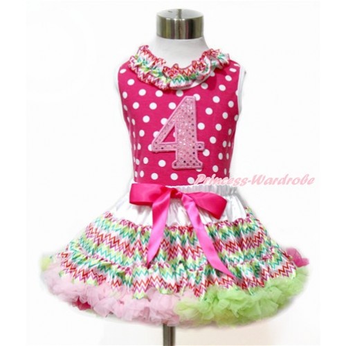 Hot Pink White Dots Tank Top With Rainbow Wave Satin Lacing With 4th Sparkle Light Pink Birthday Number Print with Rainbow Wave Pettiskirt MH171 