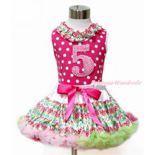 Hot Pink White Dots Tank Top With Rainbow Wave Satin Lacing With 5th Sparkle Light Pink Birthday Number Print with Rainbow Wave Pettiskirt MH172 