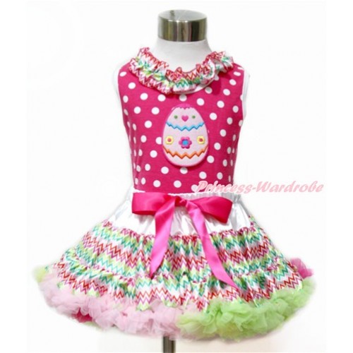 Easter Hot Pink White Dots Tank Top With Rainbow Wave Satin Lacing With Easter Egg Print with Rainbow Wave Pettiskirt MH173 