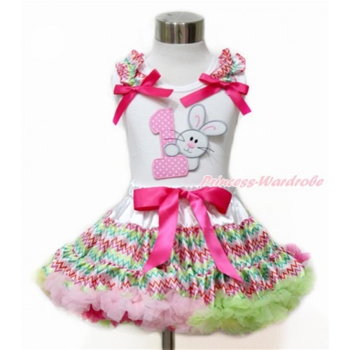 Easter White Tank Top with Rainbow Wave Ruffles & Hot Pink Bow with 1st Light Pink White Dots Birthday Number & Bunny Rabbit Print & Rainbow Wave Pettiskirt MG1089 