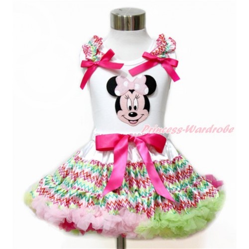 White Tank Top with Rainbow Wave Ruffles & Hot Pink Bow with Light Pink Minnie Print & Rainbow Wave Pettiskirt MG1090 