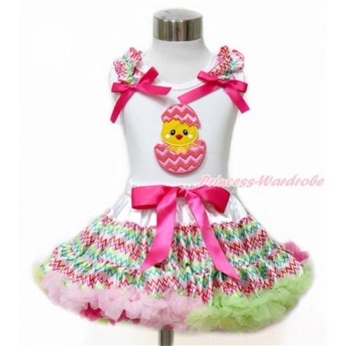Easter White Tank Top with Rainbow Wave Ruffles & Hot Pink Bow with Chick Egg Print & Rainbow Wave Pettiskirt MG1091 
