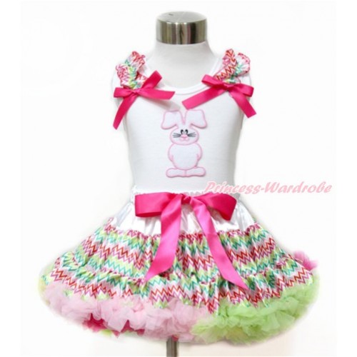 Easter White Tank Top with Rainbow Wave Ruffles & Hot Pink Bow with Bunny Rabbit Print & Rainbow Wave Pettiskirt MG1092 