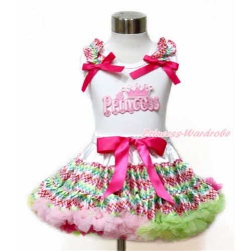White Tank Top with Rainbow Wave Ruffles & Hot Pink Bow with Princess Print & Rainbow Wave Pettiskirt MG1093 