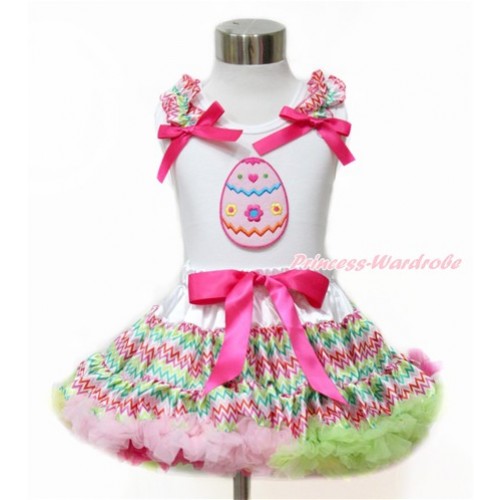 Easter White Tank Top with Rainbow Wave Ruffles & Hot Pink Bow with Easter Egg Print & Rainbow Wave Pettiskirt MG1094 