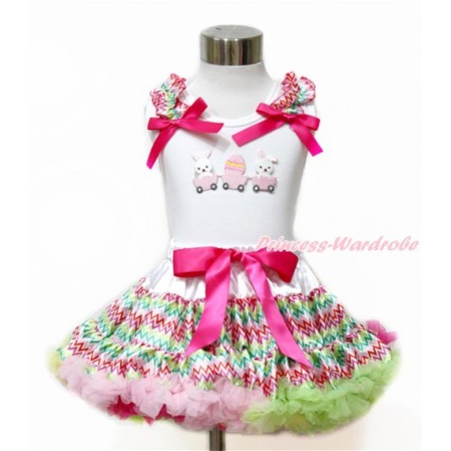 Easter White Tank Top with Rainbow Wave Ruffles & Hot Pink Bow with Bunny Rabbit Egg Print & Rainbow Wave Pettiskirt MG1095 