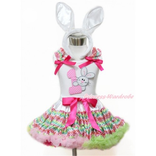 Easter White Tank Top with Rainbow Wave Ruffles & Hot Pink Bow with 1st Light Pink White Dots Birthday Number & Bunny Rabbit Print & Rainbow Wave Pettiskirt With White Rabbit Headband MG1096 